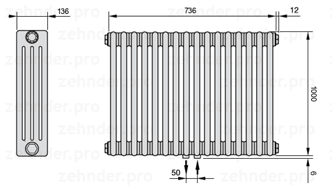 Схема (чертеж) Радиатор Zehnder Charleston 4100/16 №5410 Белый глянцевый RAL 9016